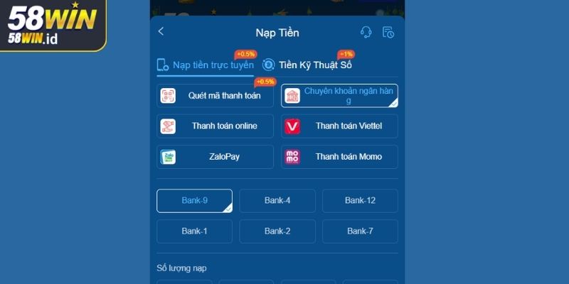 Nạp rút tiền 58WIN qua chuyển khoản ngân hàng
