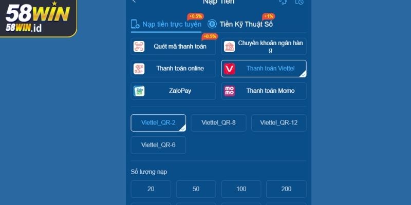 Thực hiện thao tác nạp tiền